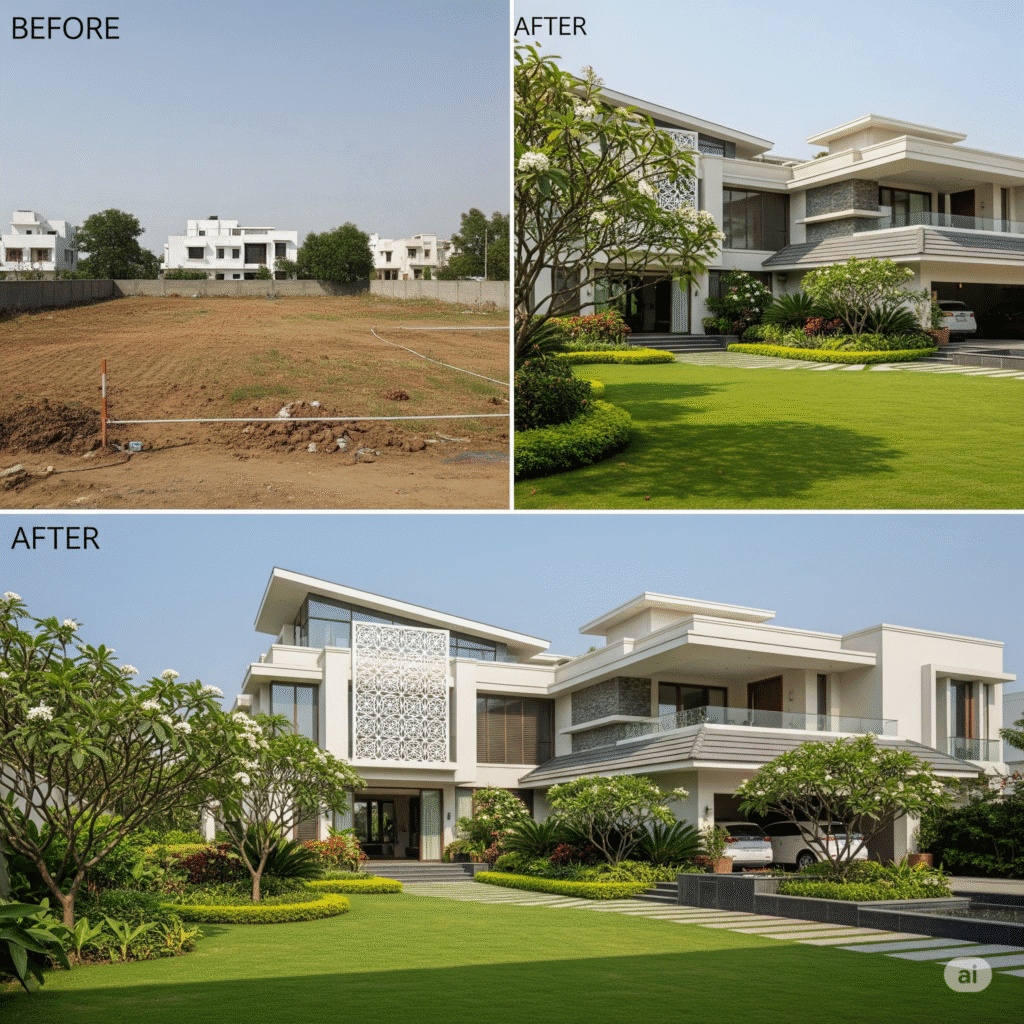 Successful plot development case study showing transformation from vacant land to dream home