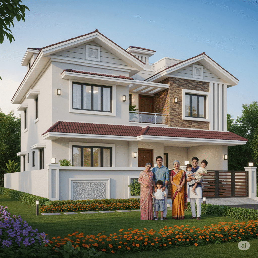 Prompt: "Happy Indian family standing in front of their newly constructed home on a well-chosen plot. Modern Indian house with garden and proper infrastructure."