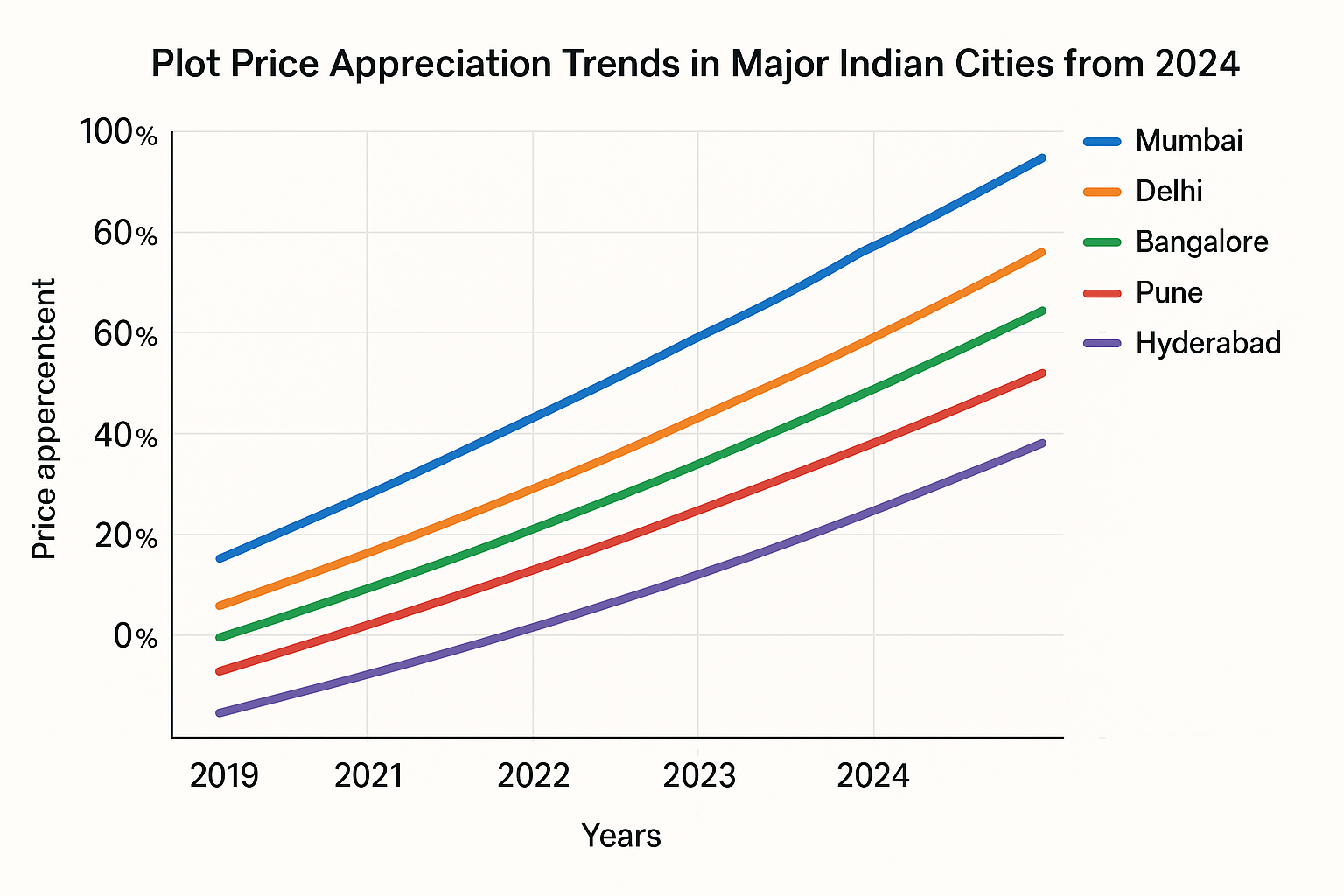 Plot price appreciation trend in Major cities in India from 2019 to 2024