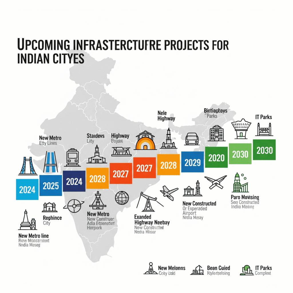 Timeline of major infrastructure developments across Indian cities 2024-2030