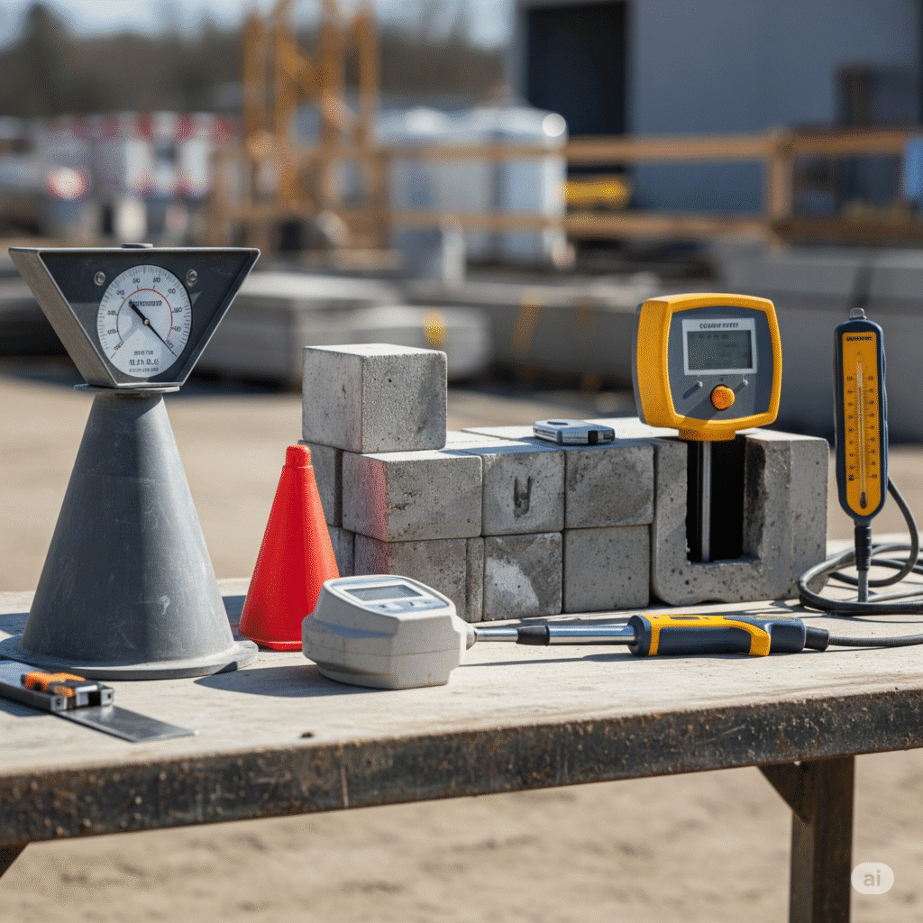 Essential concrete testing equipment and materials required for quality inspection procedures