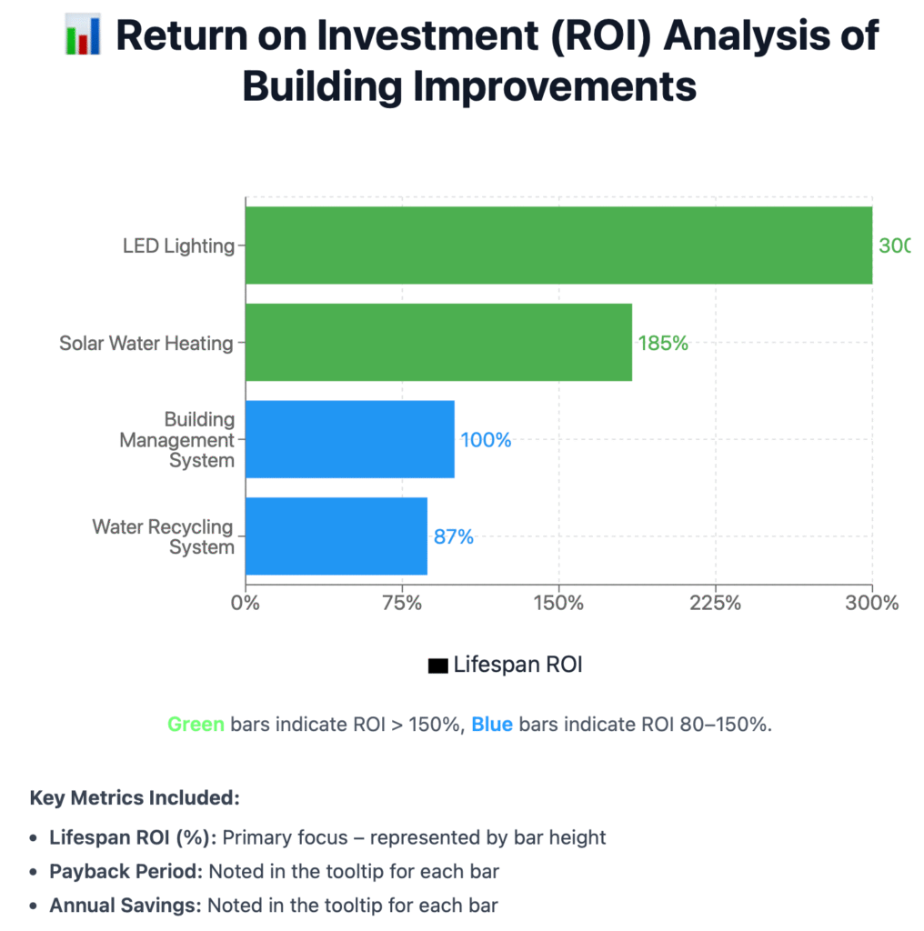 Bar chart showing ROI percentages for different value engineering interventions including LED lighting, solar systems, and building management systems
