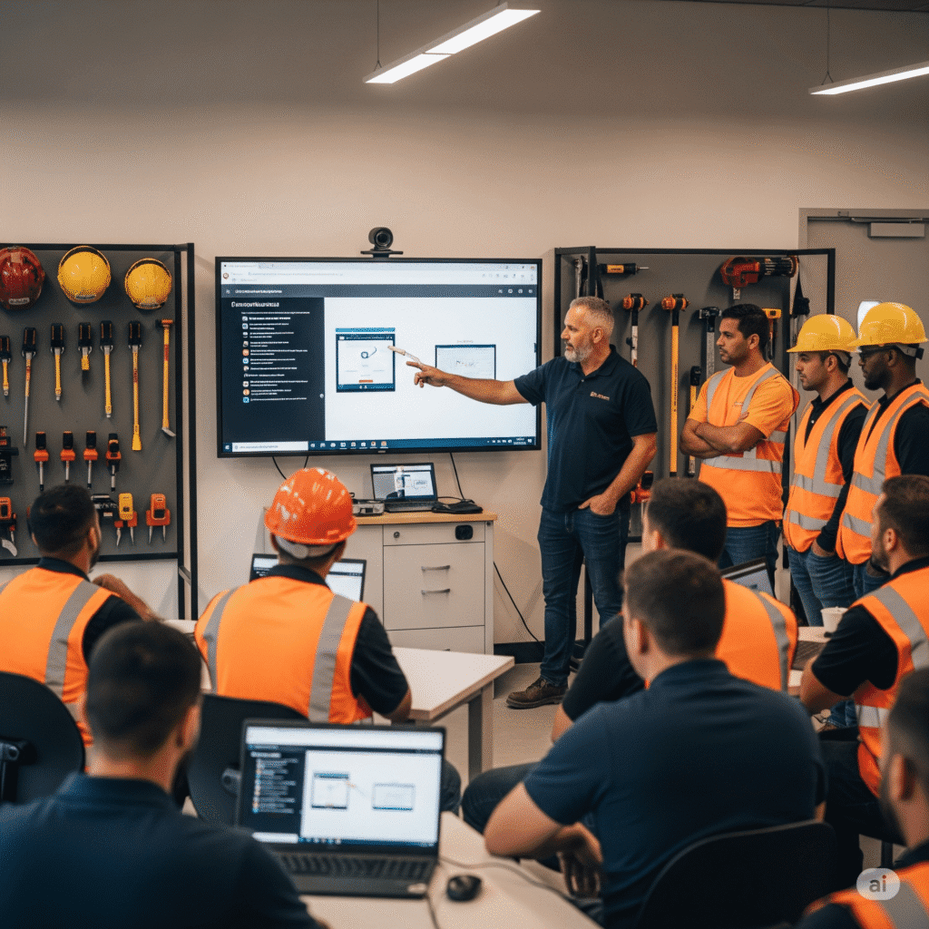 Construction workers learning digital productivity tracking
methods during training session