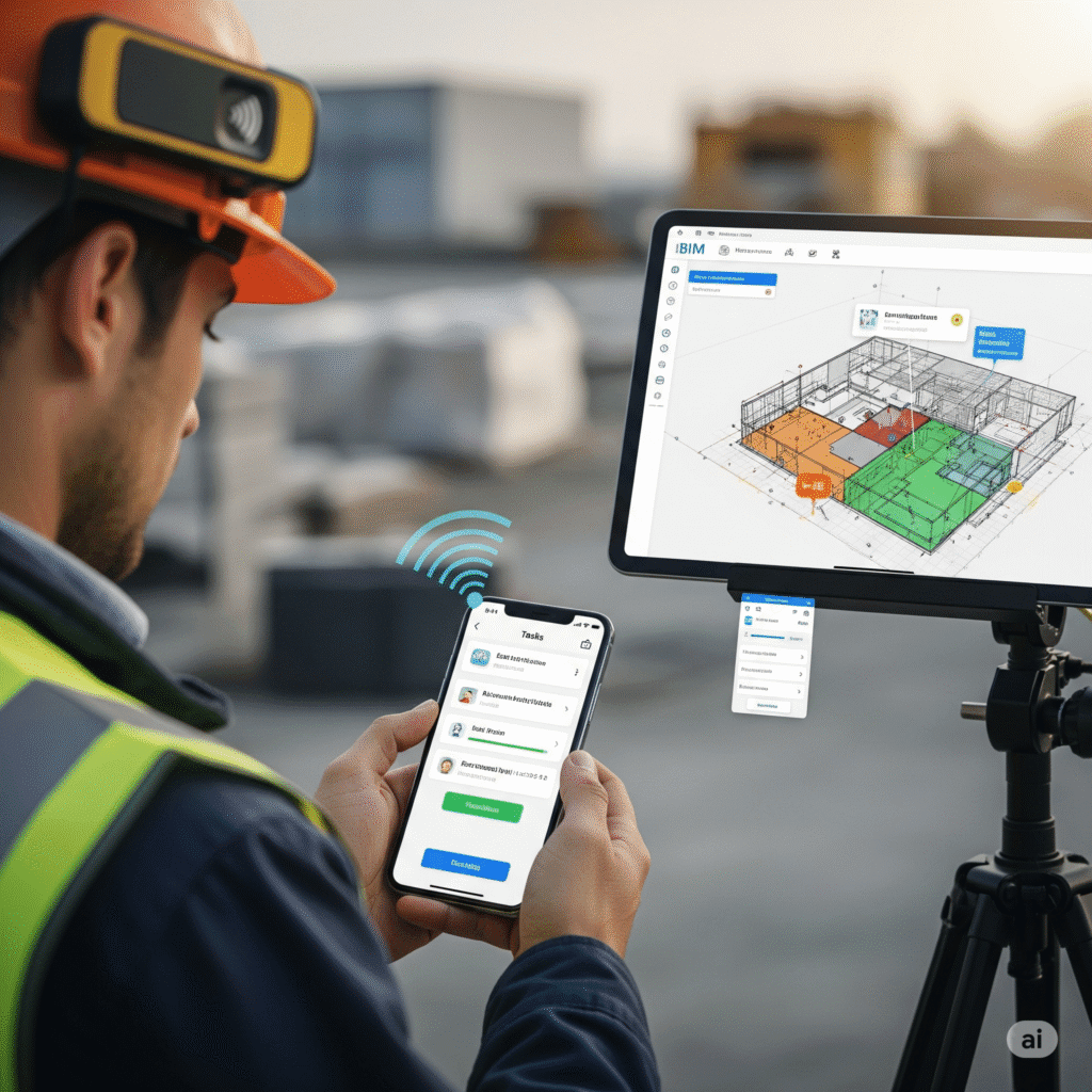 Digital tools for construction productivity tracking including mobile apps and RFID systems