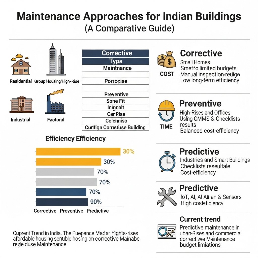 Post Construction Maintenance and Feedback - Infographic comparing preventive, corrective, and predictive maintenance approaches for different building types in India